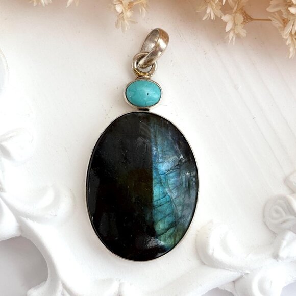 Labradorite & Turquoise XL Gemstone Sterling Silver 925 Vintage Pendant - Picture 1 of 10